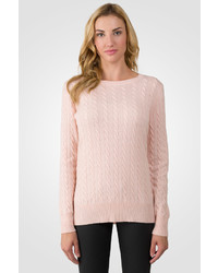 J CASHMERE Pink Pearl Cashmere Cable Knit Crewneck Sweater