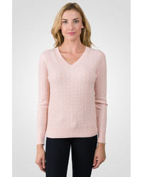J CASHMERE Pink Pearl Cashmere Cable Knit V Neck Sweater