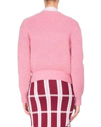 Victoria Beckham Ribbed Wool Faux Cardigan Sweater With Belt Pink