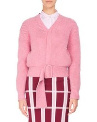 Victoria Beckham Ribbed Wool Faux Cardigan Sweater With Belt Pink