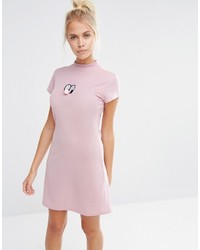 Lazy Oaf High Neck Mini Dress With Pom Face In Sparkly Glitter