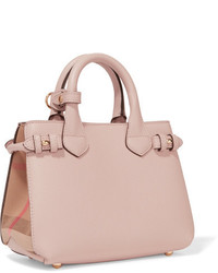 Burberry Mini Checked Twill Paneled Textured Leather Tote Pink