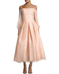 Marchesa Notte Off The Shoulder Crinkled Chiffon Tea Length Cocktail Gown