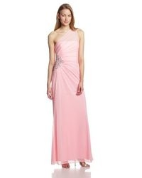 JS Boutique One Shoulder Chiffon Gown With Shirred Beading