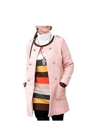 Unique-Bargains Pink Tweed Long Sleeve Double Breasted Coat Szs
