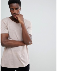 ASOS DESIGN Relaxed Longline T Shirt With Raw Scoop Neck And Curve Hem In Linen Mix In Dusky Pink