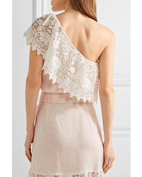Miguelina Doris Cropped Crocheted Cotton Lace And Linen Top Pastel Pink