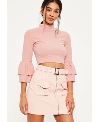 Missguided Pink Frill Sleeve High Neck Crop Top