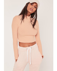 Missguided Ribbed High Neck Crop Top Nude