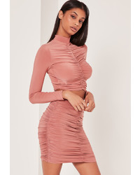 Missguided Slinky High Neck Gather Front Crop Top Pink