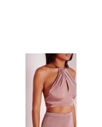 Missguided Slinky High Neck Keyhole Wrap Front Crop Top Pink