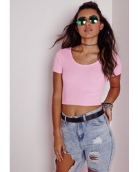 Missguided Textured Capped Sleeve Crop Top Baby Pink