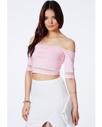 Missguided Theresia Baby Pink Bardot Crop Top With Mesh Detail