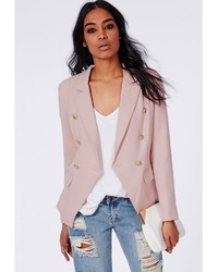 Missguided Woven Gold Button Tailored Blazer Pink