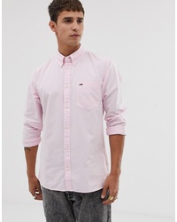 Tommy Jeans Classic Oxford Shirt With Pique Flag Logo In Pink