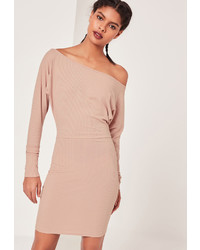 Missguided Slouchy One Shoulder Mini Dress Nude