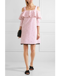 Paul & Joe Off The Shoulder Lace Trimmed Cotton Jacquard Mini Dress Pastel Pink