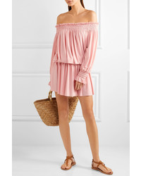 Norma Kamali Off The Shoulder Ruffled Smocked Stretch Jersey Dress Pastel Pink