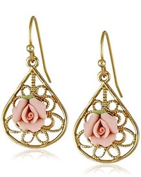 1928 Jewelry Gold Tone And Pink Porcelain Rose Drop Earrings