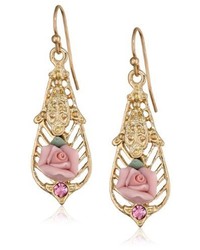 1928 Jewelry Porcelain Rose Collection Gold Tone Pink Porcelain With Light Rose Accent Drop Earrings