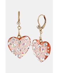 Betsey Johnson Crystal Heart Drop Earrings Pink Multi Gold