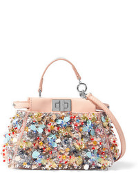 Fendi Peekaboo Micro Embellished Satin Twill Shoulder Bag Pink