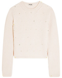 Miu Miu Embellished Ribbed Cashmere Sweater Pastel Pink