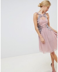 Pink Embellished Chiffon Fit and Flare Dress