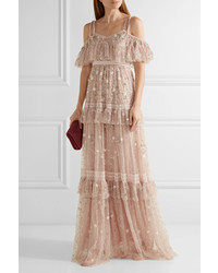 Needle & Thread Supernova Tiered Off The Shoulder Embellished Tulle Gown Pastel Pink