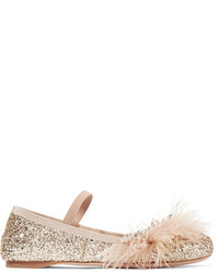 Miu Miu Faux Pearl Crystal And Feather Embellished Glittered Leather Ballet Flats Pink