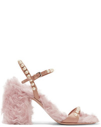 Miu Miu Faux Pearl Embellished Silk And Faux Shearling Sandals Pink