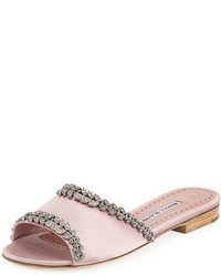 Pink Embellished Satin Flat Sandals