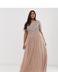 Maya Plus Bridesmaid V Neck Maxi Tulle Dress With Tonal Delicate Sequins In Taupe Blush