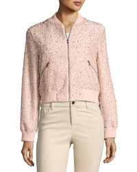 Alice + Olivia Demia Embellished Silk Cropped Bomber Jacket Light Pink