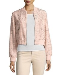 Alice + Olivia Demia Embellished Silk Cropped Bomber Jacket Light Pink