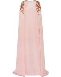 Oscar de la Renta Cape Effect Embellished Silk Crepe Gown Pastel Pink