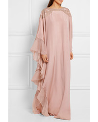 Oscar de la Renta Embellished Georgette Trimmed Silk Crepe De Chine Gown Pink