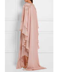 Oscar de la Renta Embellished Georgette Trimmed Silk Crepe De Chine Gown Pink