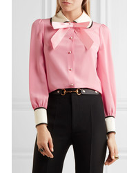 Gucci Faux Pearl And Bow Embellished Silk Crepe De Chine Shirt Pink