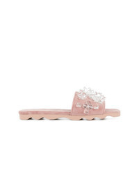 Pink Embellished Suede Flat Sandals