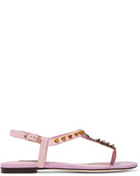 Dolce & Gabbana Embellished Suede And Lizard Effect Leather Sandals Pastel Pink