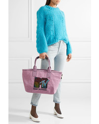 Marc Jacobs Leather Trimmed Embellished Cotton Twill Tote Pink