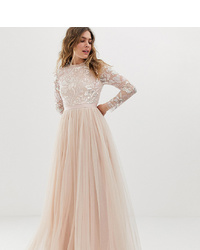 Needle & Thread Embellished Long Sleeve Maxi Dress With Tulle Skirt In Rose Quartz