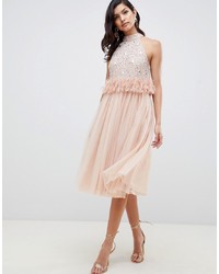 ASOS DESIGN Embellished Sequin Tulle Midi Dress With Faux