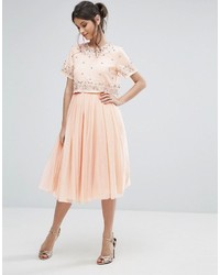 Asos Petite Petite Embellished Crop Top Tulle Midi Dress