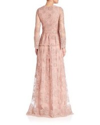 Monique Lhuillier Embroidered Long Sleeve Gown