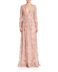 Monique Lhuillier Embroidered Long Sleeve Gown