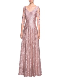 La Femme V Neck Metallic Embroidered Evening Dress