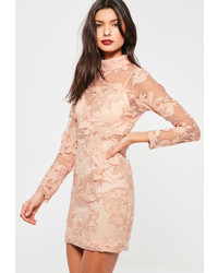 Missguided Pink High Neck Long Sleeve Embroidered Lace Bodycon Dress