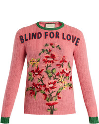 Gucci Floral Embroidered Ribbed Knit Wool Sweater